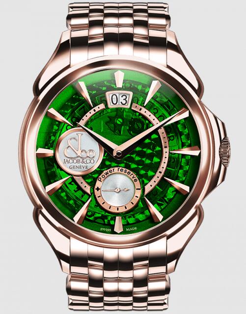 Review Jacob & Co PALATIAL CLASSIC MANUAL BIG DATE GREEN MINERAL CRYSTAL DIAL - ROSE GOLD CASE BRACELET PC400.40.NS.MG.A40AA Replica watch - Click Image to Close